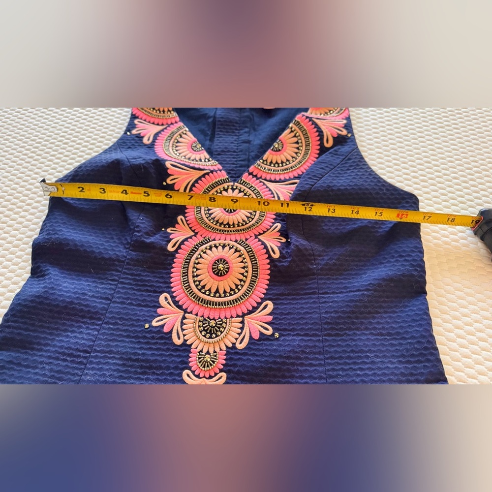 LILLY PULITZER Gabby Embroidered Beaded Navy Blue Mini Sleeveless Shift Dress - Picture 10 of 13